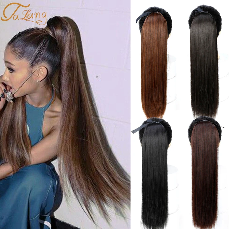 

TALANG Long Straight Drawstring Synthetic Ponytail Black/Brown Heat Resistance Hairpiece Clip In Hair Extension for Woman