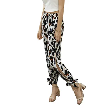 

Leopard pattern loose female high waist elastic waist pants streetwear side split trousers strap trousers wide leg trousers wome