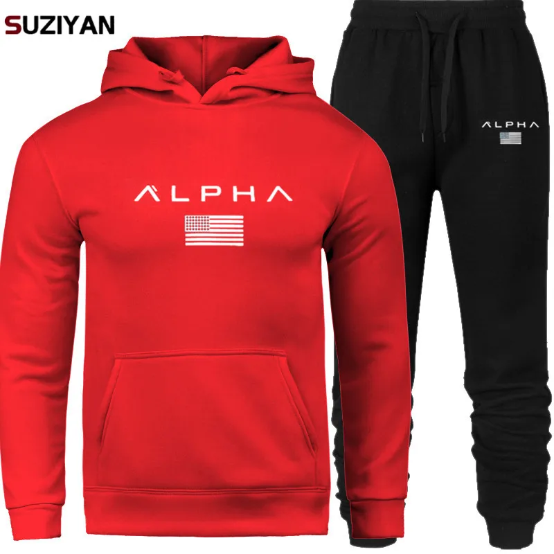 Мужские спортивные комплекты Alpha Hoodies брюки, спортивный костюм, мужской спортивный костюм,, брендовый спортивный костюм для бега, спортивный костюм, куртка с принтом пота - Цвет: SET07-ALPD