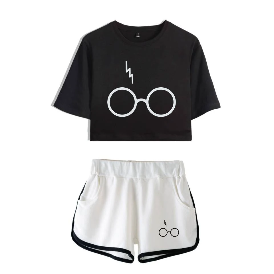 two piece sets HARRYS Glasses Printed Two Piece Set Short Sleeve Crop Top + Shorts Sweat Suits Women Tracksuit Two Piece Outfits Girl Sets ladies loungewear