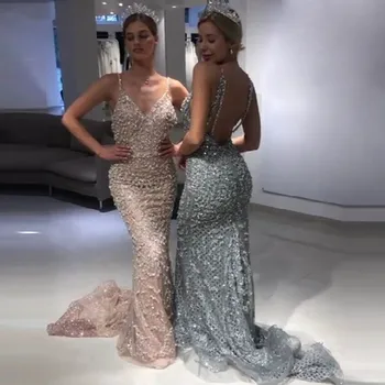 

Elegant Sweetheart Tulle Mermaid Evening Dress Long Backless Sweep Train Beading Appliqued formal party Prom Gown srobe gala