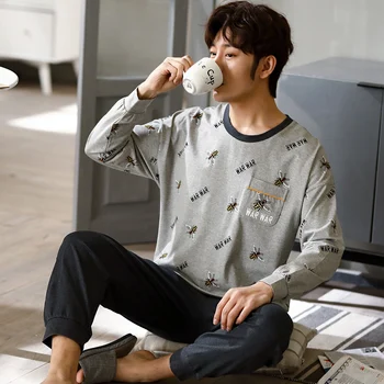 

Men's Pajamas Set Summer Short-sleeve Tops + Long Pants 100% Cotton Nightwear Home Wear Suits Simple Fashion Sleepwear for Men