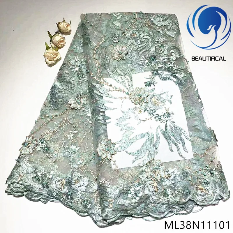 

BEAUTIFICAL african lace fabrics Latest Fashion 3d flowers net lace fabric with beads embroidery sequins lace fabric ML38N111
