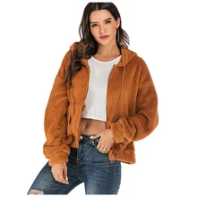 Winter Velvet Jacket Warm Soft Ladies Casual Long Sleeve  Hooded Coat With Pockets Brown Outerwear Jacket for Women 2021 New