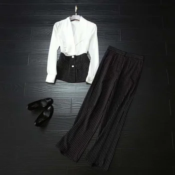 

Top Quality Women's Set 2020 Spring Work Suit Ladies Notched Collar Striped Print Tops Shirt+Striped Print Full Length Pant Set