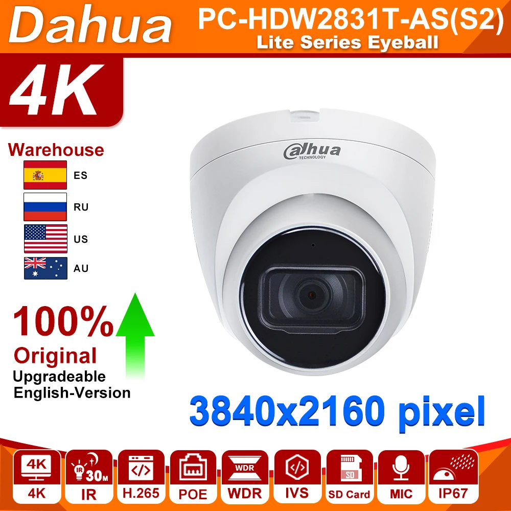 Dahua 8MP 4K IP Camaera IPC-HDW2831T-AS Starlight Built-in Mic SD Card Slot H.265 IR 30M IVS IP67 Outdoor Surveillance Camera