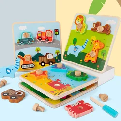 Ocupado placa 3d quebra cabeça brinquedos de madeira montessori brinquedo bonito dinossauro animais em forma parafuso parafuso conjunto mão olho coordenação para o bebê crianças