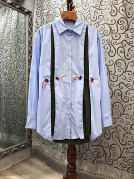 

2020 Early Autumn New Women's Lapel Color Panel Waist Drawstring Decorative Long Sleeve Loose Shirt 826