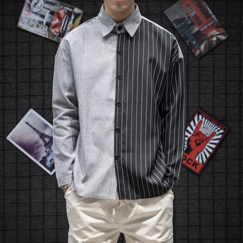 

Hit Color Spliced Men Long Sleeve Shirt Large Sizes Striped Mens Shirts Autumn Men Long Sleeve Shirt