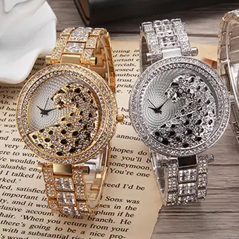

Fashion Women Shiny Rhinestone Inlaid Leopard Round Dial Quartz Wrist Watch Gift Latest New Women Watches