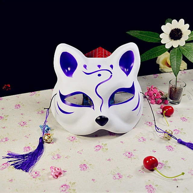 PVC Japanese Fox Mask with Tassels and Small Bells Demon Costume Cosplay Full Face Hand-Painted Masquerade Party Show, Men's, C1