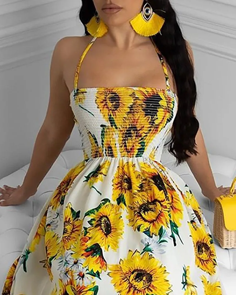 Women Sexy Open Back Sunflower Print Bandage Boho Maxi Dress Summer Beach Holiday Halter Sleeveless Long Dress