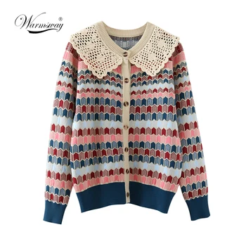 

Knitted Cardigan Women 2020 Autumn Turn Down Collar Plaid Sweater Knitwear coat Dropshipping blusas mujer de moda C-167