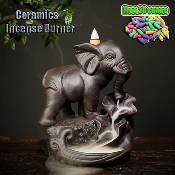 

Ceramic Creative Elephant Backflow Incense Burner Holder Waterfall Censer Home Decor with Free 20Pcs Cones