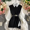 2022 spring autumn women's lantern sleeve shirt knitted vest two piece sets of College style waistband vest two sets top UK900 ► Photo 2/6