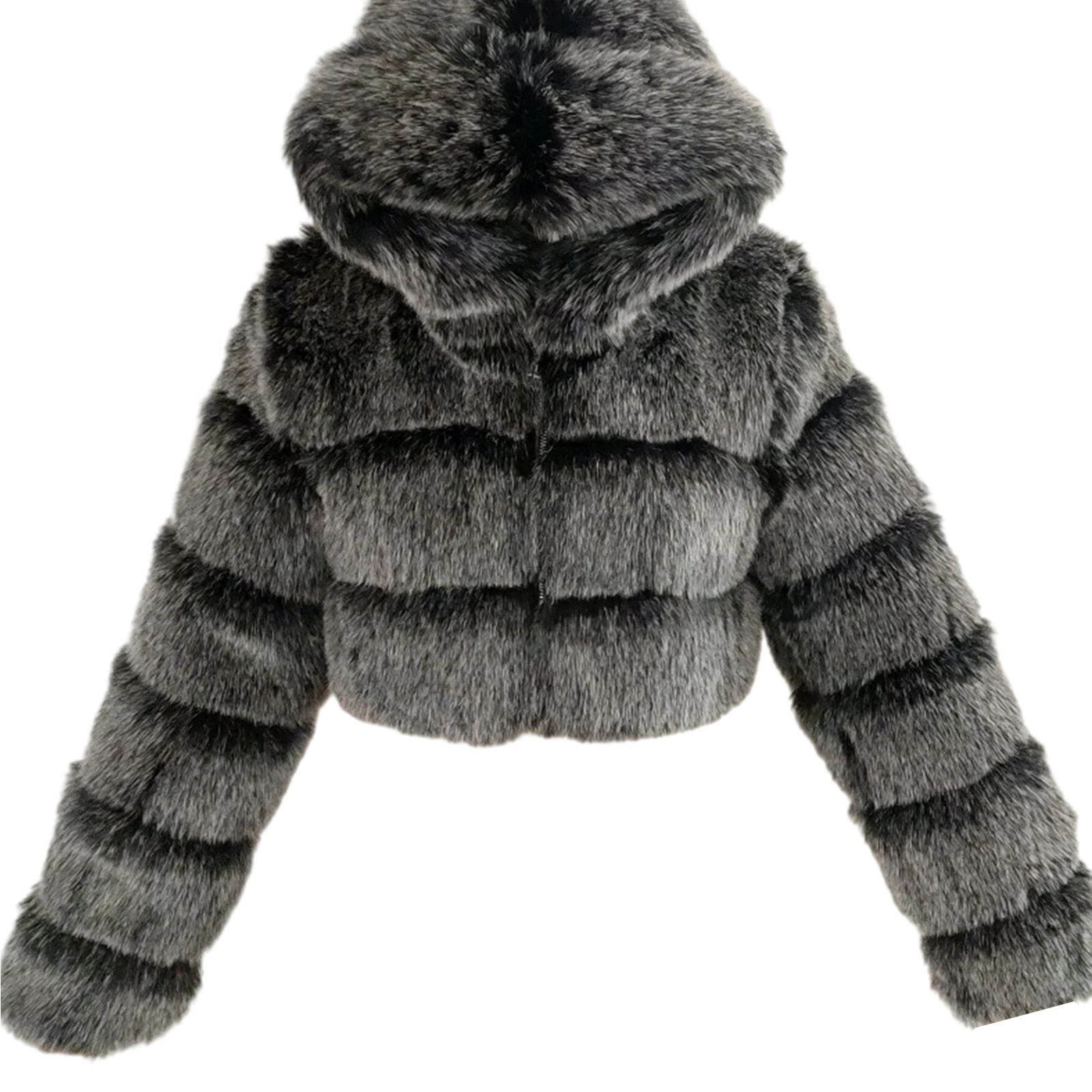 Abrigo corto de piel sintética para mujer, mullida Chaqueta corta con capucha y cremallera, cálida, de talla grande, con cuello vuelto, ropa de exterior para invierno