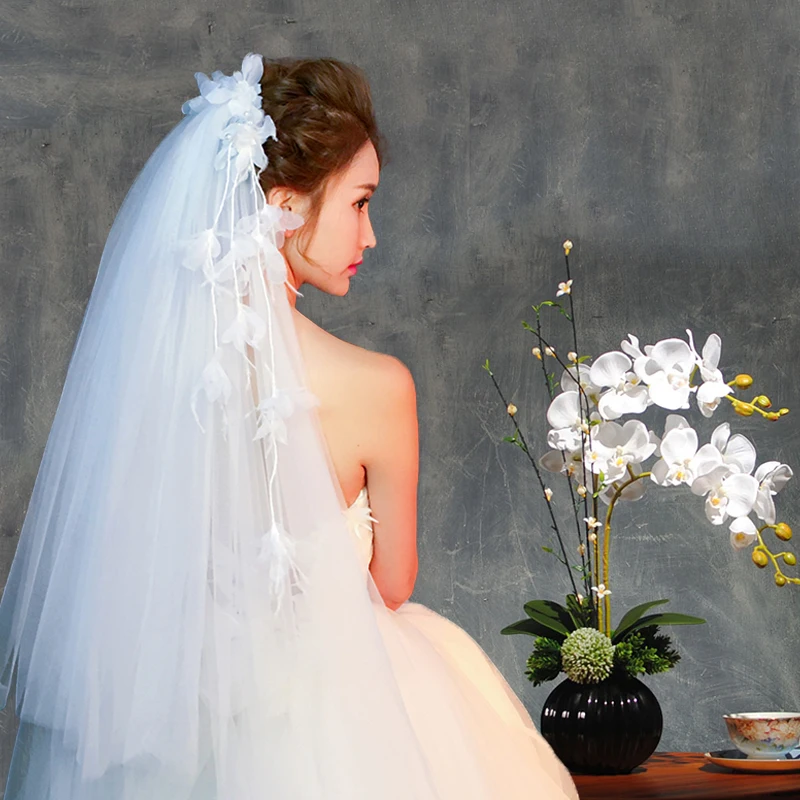 Уникальные свадебные аксессуары, Свадебные вуали длиной до локтя с цветами ручной работы, Свадебные вуали с жемчугом, головные украшения