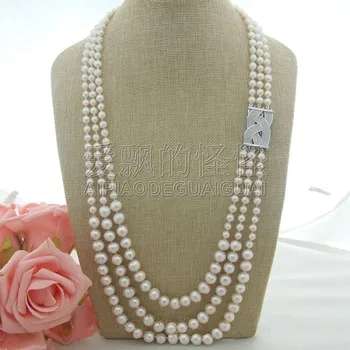 

N041702 29"-34" 3 Strands White Pearl Necklace CZ Connector