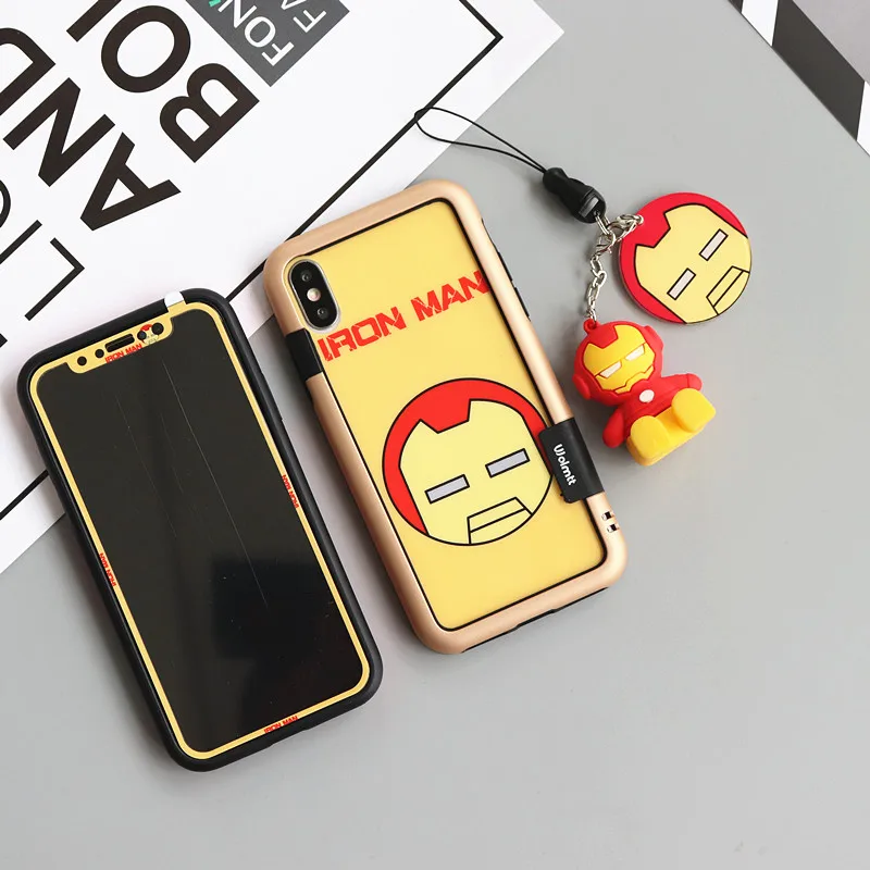 Чехол Спайдермен для iPhone 6 6s plus закаленное стекло задняя Передняя пленка 7/8+ чехол для телефона милый Бэтмен протектор экрана X/XS Max бампер