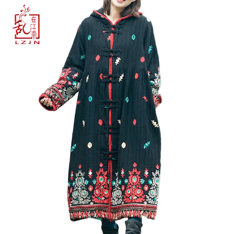 LZJN 2019 vrouwen Fleece Jas Vrouwelijke Bovenkleding Warme Dikke Jassen Vintage Chinese Winter Lange Wandelen Hooded Maxi Jassen