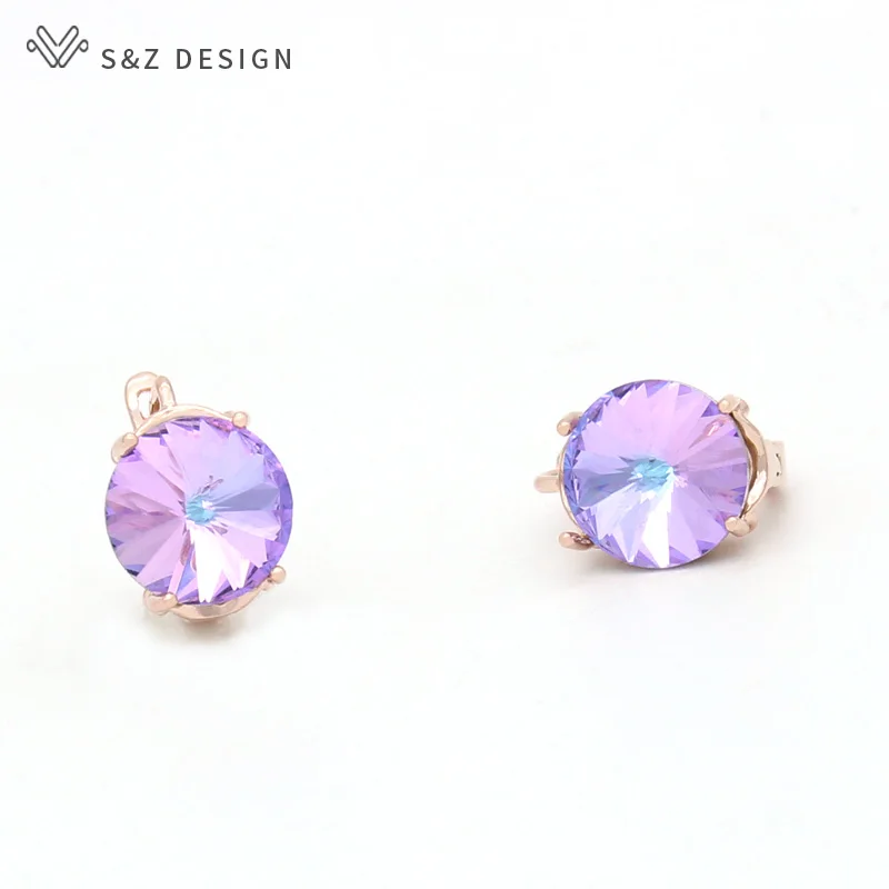 S&Z DESIGN New Fashion Big Round Crystal Dangle Earrings For Women Girl Wedding Party Jewelry 585 Rose Gold Color Birthday Gifts