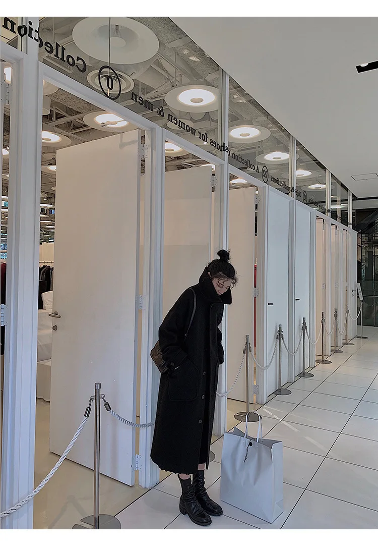 Женское зимнее пальто с длинным рукавом, теплое черное шерстяное женское Элегантное однобортное шерстяное длинное пальто размера плюс 8508