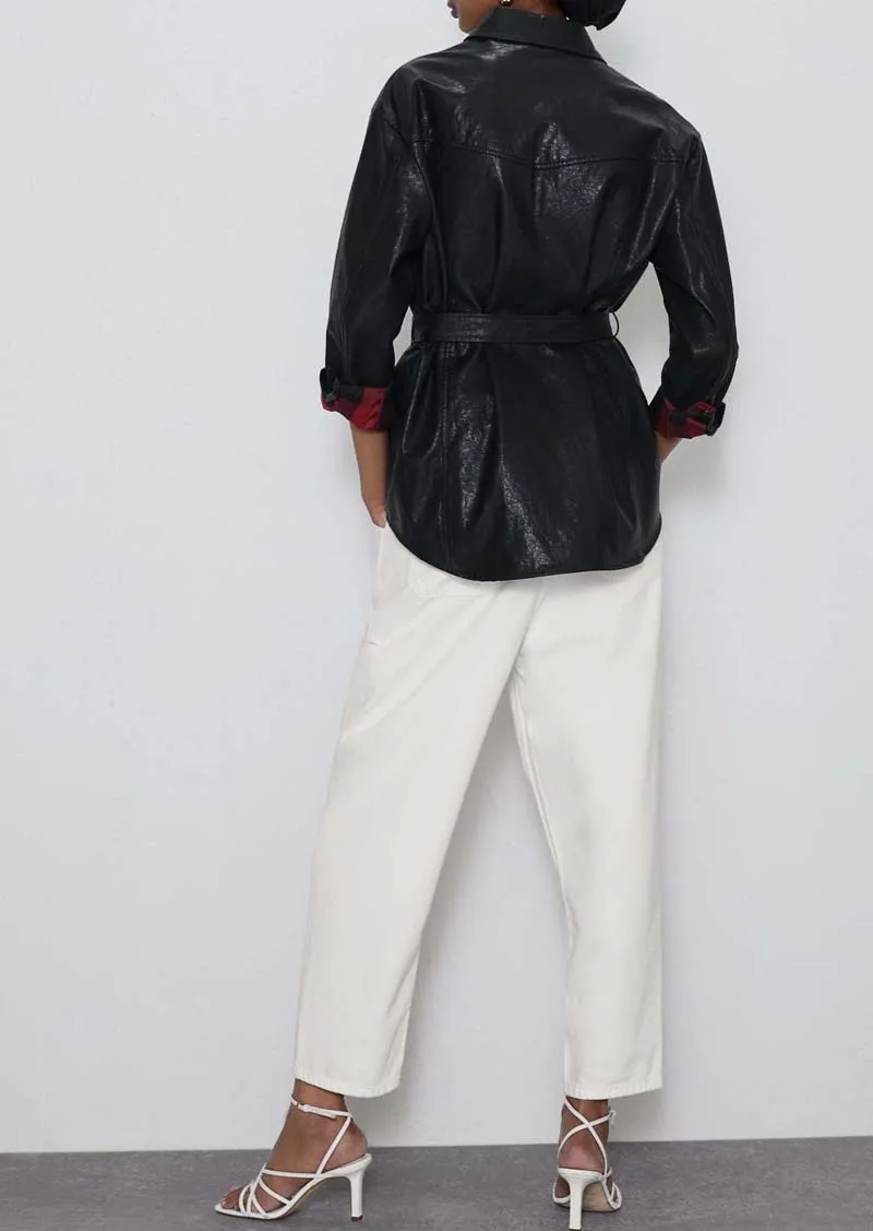 Осенне-зимняя женская куртка из искусственной кожи черного цвета с поясом и металлическая кнопка, Женское пальто из искусственной кожи, асимметричная модная повседневная верхняя одежда YNZZU YO966