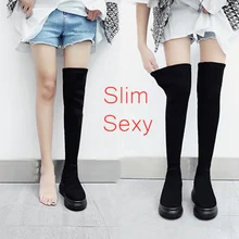 CINESSD/размер 44, женские зимние сапоги выше колена Женская Теплая обувь черного цвета пикантные женские сапоги из флока, эластичные сапоги, Botas altas Mujer