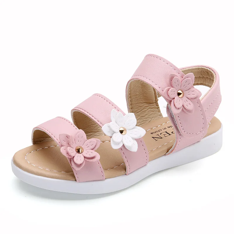 Розовый Girls sandals three flowers Roman shoes tide summer new children's beach shoes baby shoes children's shoes - Цвет: Розовый