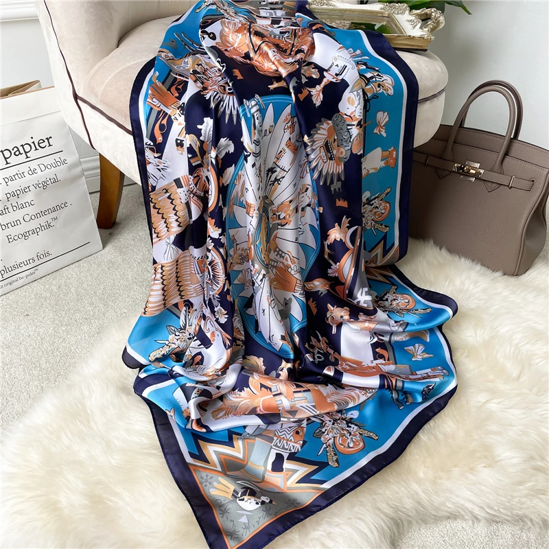 

Silk Square Scarf for Women Print Neckerchief Shawl Hijab Popular 90*90cm Summer Beach Wrap Foulard Headscarves Bandana 2022