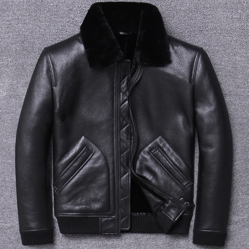 

2020 Winter Genuine Leather Jacket Men Sheep Shearling Coat for Men Real Wool Fur Lining Motorcycle Este Cuir Homme U804 KJ3196