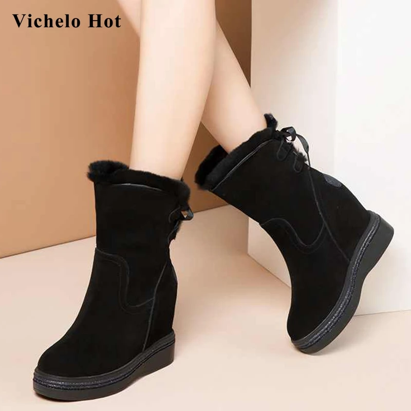 

Vichelo Hot fashion solid sweet snow boots cow suede wedges thick bottom round toe lace up winter warm women mid-calf boots L33