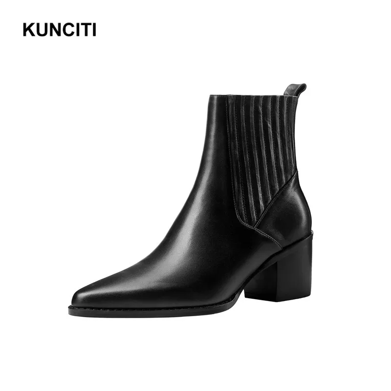 KUNCITI/; ботильоны на высоком каблуке; женские короткие ботиночки из натуральной кожи; модные эластичные ботинки «Челси» с острым носком; D9210