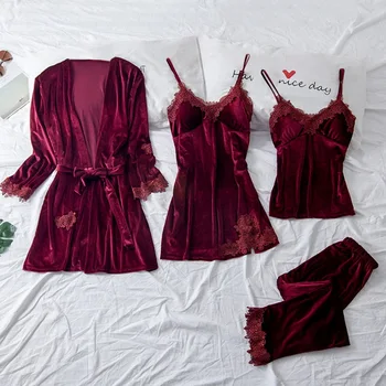 

4PCS velvet Sleepwear Lady Pajamas Suit Nighty&Robe Set Sexy Intimate Lingerie Casual Bridal Wedding Gift Homewear Nightgown