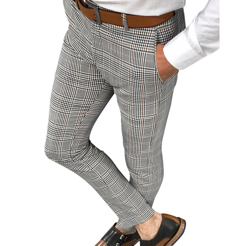 CYSINCOS, модные мужские облегающие брюки, повседневные штаны в клетку, джоггеры, тартан, для пробежек, обтягивающие штаны, новинка размера плюс, мужские брюки - Цвет: grey