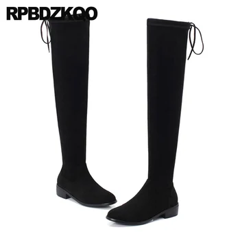 

high heel chunky lace up long black chinese shoes round toe over the knee block fur tall ladies suede slim thigh women boots