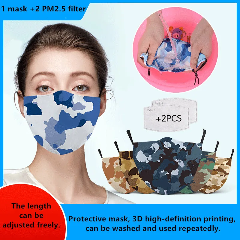 

PM2.5 Filter Camouflage Style Masks Fashion Spring Autumn Winter Summer Mask Reusable Washable 3D Printed Face Fabric Masks 1PCS