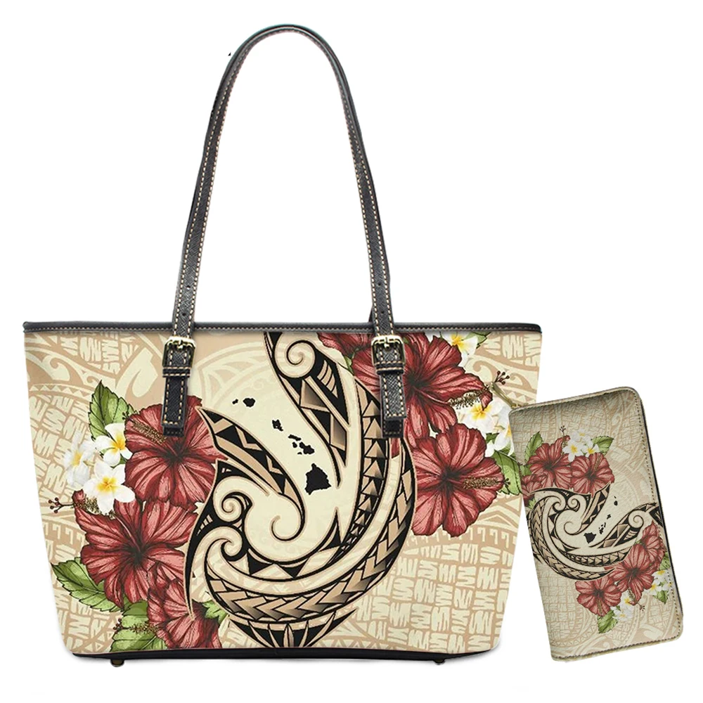 Hot Style Ladies Tote Bags Handbag Hawaii Fish Hook Hibiscus Plumeria Borsa A Tracolla Stampata Polinesiana Per Borsa A Mano Da Donna 2Set