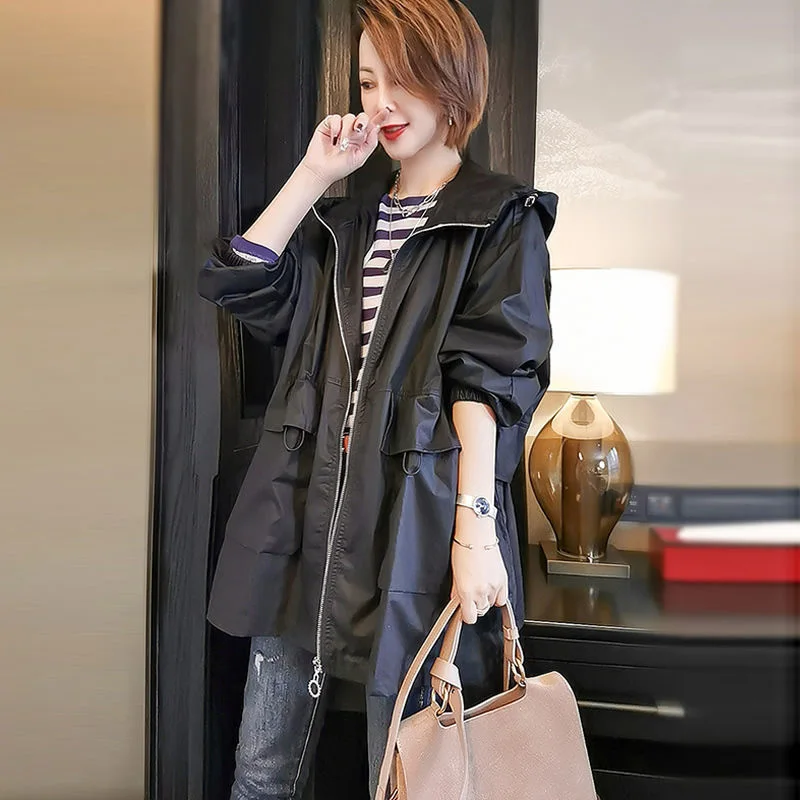 

New Women's Long Cotton Trench coat Spring Autumn Korean Loose Casual Tooling Overcoat Plus size Hooded Windbreaker Abrigo Mujer