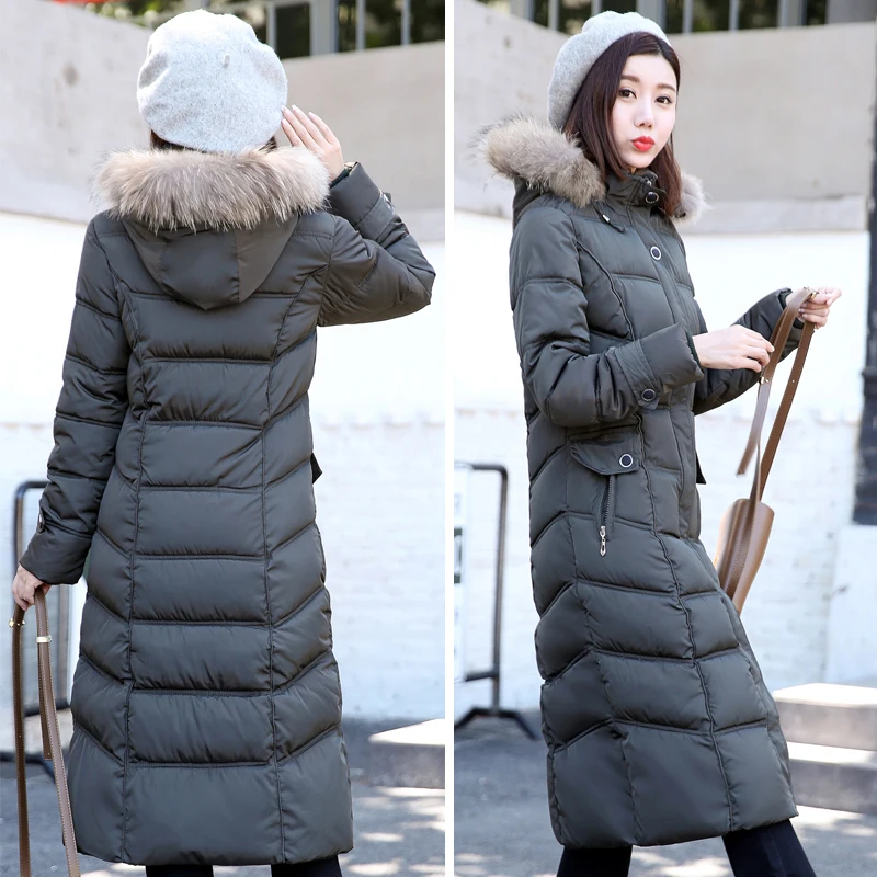 Высокое качество, женское длинное пуховое пальто с меховым воротником, Длинная женская уличная куртка с капюшоном, теплая парка, Abrigos Mujer Invierno