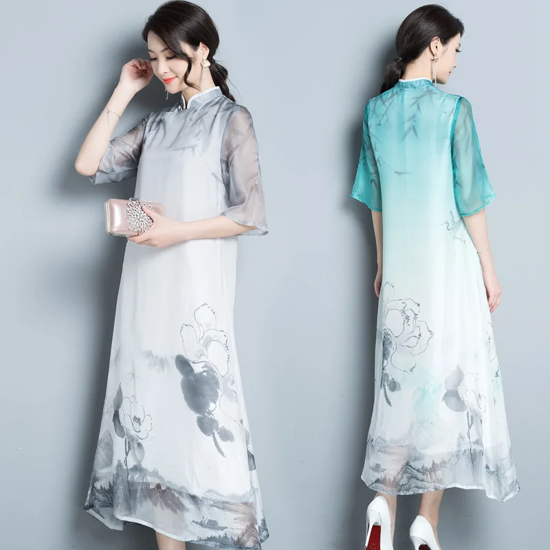 

New Style WOMEN'S Dress National Wind Ink Heat Transfer Floral Patterns Stand Collar Half-sleeve Shirt Dress