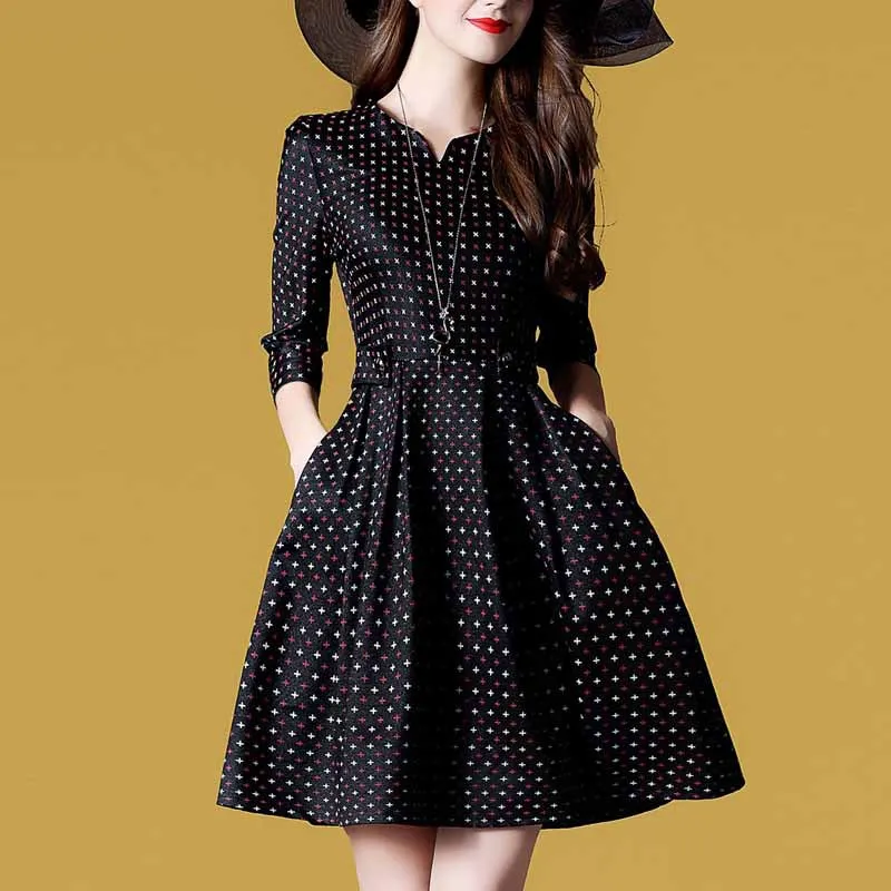 

Ozhouzhan 2018 Autumn Clothing New Style WOMEN'S Dress Printed Full Body Dress V-neck Pocket Slimming Three-quarter-length Sleev