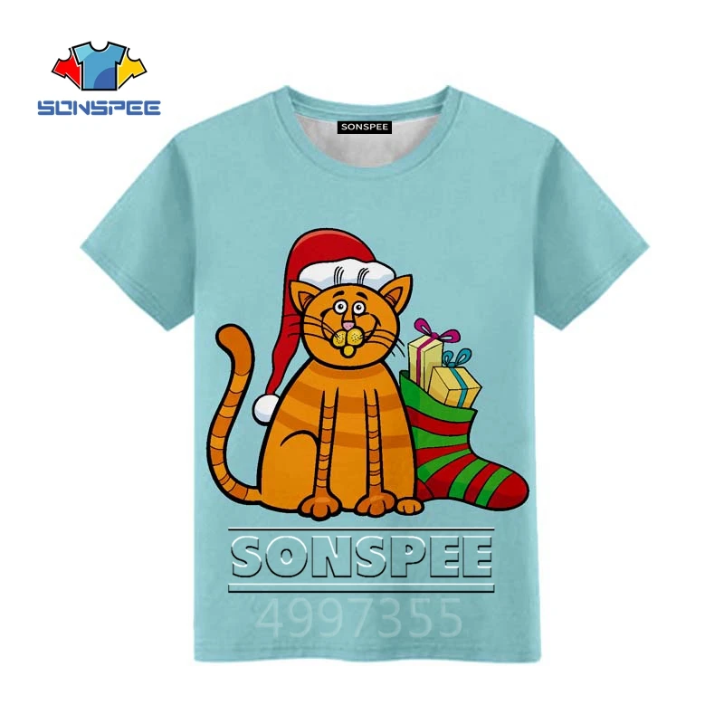 SONSPEE Kawaii Рождественские собаки кошки Harajuku для маленьких мальчиков и девочек Футболка Подростковая Повседневное мультфильм 3D топы с принтом, Детские футболки, детская одежда A595