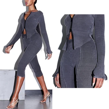 

Thick Elastic Cotton Long Sleeve Zipper Cardigan Shirts Cropped Pants Women Two Piece Outfits Set 2020 Autumn New Elegant Suits