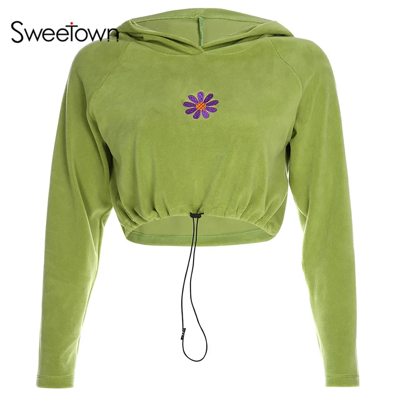green Sweetown повседневные спортивные модные женские толстовки Осенние с длинным рукавом с цветочным рисунком обрезанный Свитшот зеленые базовые пуловеры худи - Цвет: green