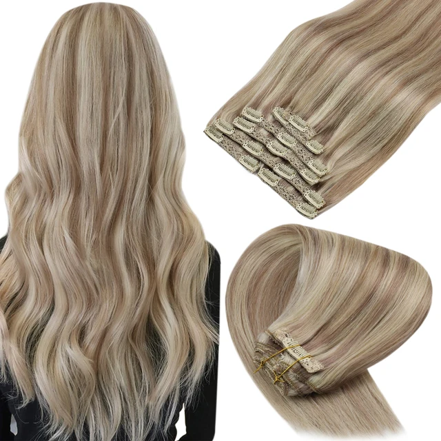 VeSunny Clip in Hair Extension Human Hair Ombre Blonde Remy Seamless Hair Extension Human Hair Brown Balayage Natural Human Hair P18-613