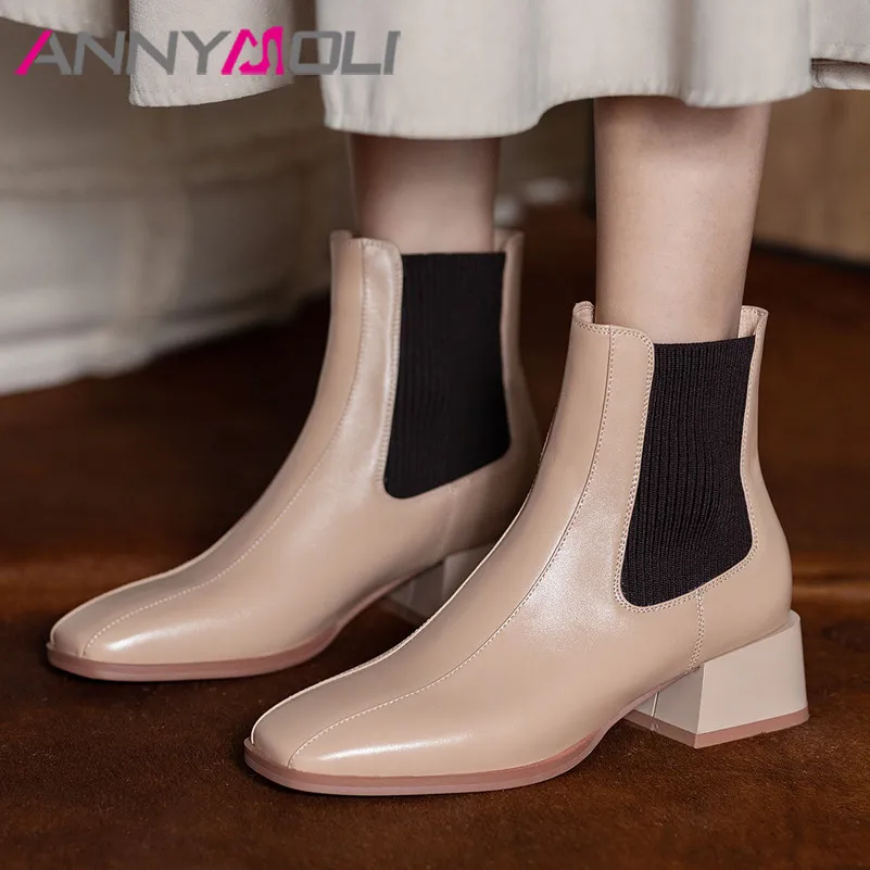 

ANNYMOLI Genuine Leather Mid Heel Short Boots Chelsea Boots Women Shoes Square Toe Block Heels Slip On Ankle Boots Apricot 33 40