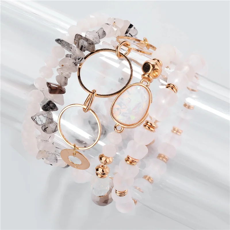 

5Pcs/Set Natural Stone Beads Stackable Elastic Bracelets White Crystal Beads Round Copper Link Strands Bracelet for Women
