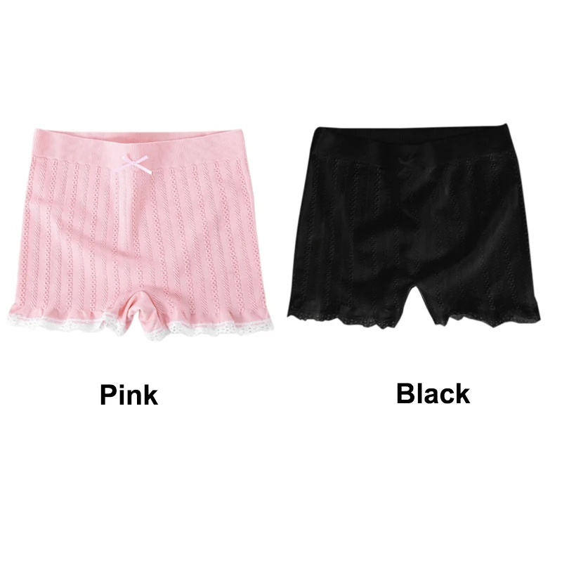 Pink Black Женские Эластичные облегающие шорты, кружевные хлопковые шорты для мальчиков, под юбку, безопасные штаны для мальчиков, шорты с бантом, под брюки, боксеры, Mujer - Цвет: Pink Black