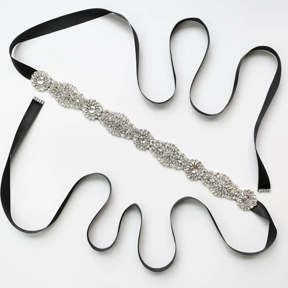 

Black Ribbon Wedding Belt Sash For Bridal Bridesmaids Dresses Silver Rhinestones Bridal Belt Clear Crystal Hot Fix On Patch